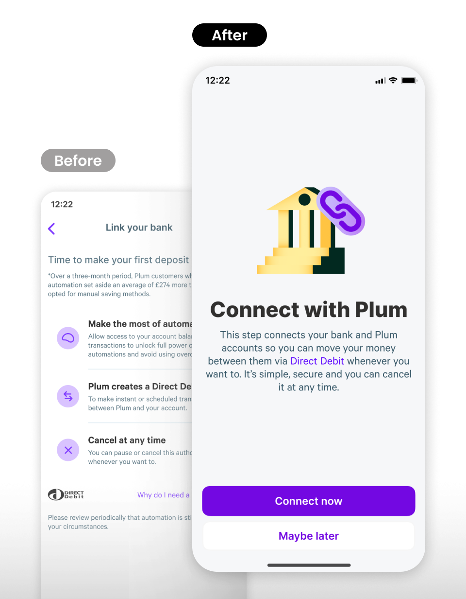 Bank linking — before and after showing skippable flow